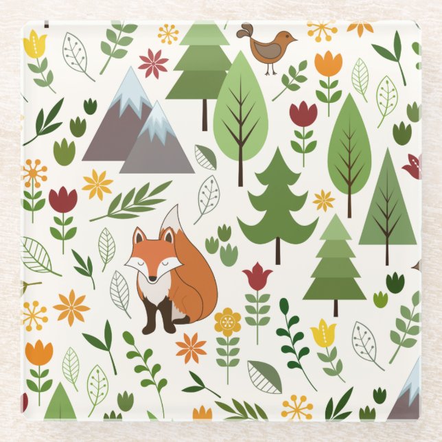 Scandinavian Style Illustrations on Cream Pattern Glass Coaster (Front)