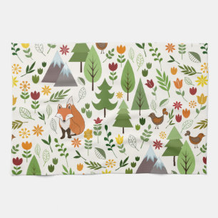 Scandinavian Style Illustrations on Cream Pattern Kitchen Towel