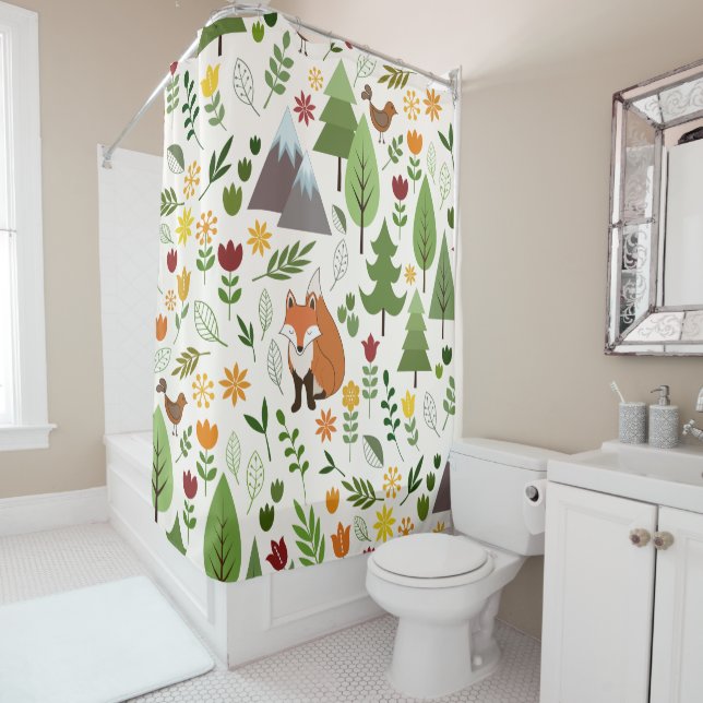Scandinavian Style Illustrations on Crm Lg Pattern Shower Curtain (In Situ)