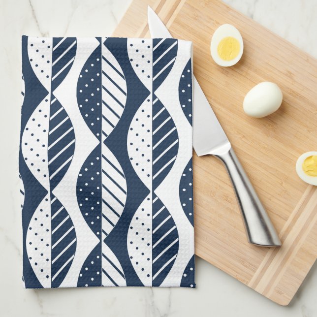 Scandinavian Style Leaves, Navy Blue and White Kitchen Towel (Quarter Fold)
