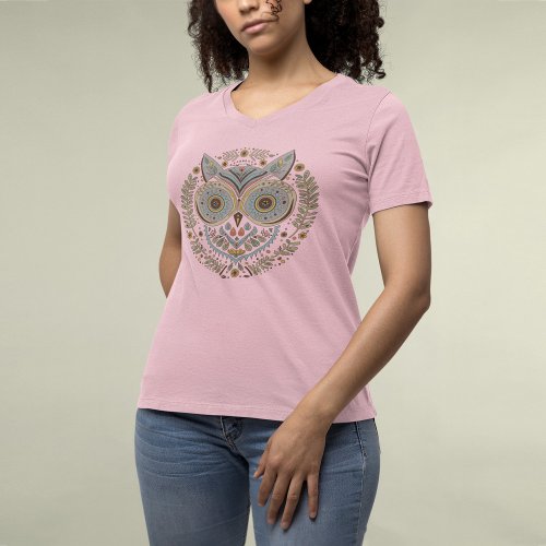 Scandinavian Style Owl Leaves Flowers Graphic T_Shirt