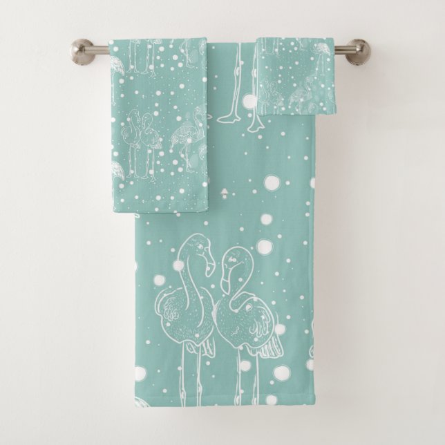 Scandinavian Style White Flamingos on Light Teal  Bath Towel Set (Insitu)