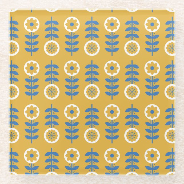 Scandinavian Stylized Flower Pattern Glass Coaster (Front)