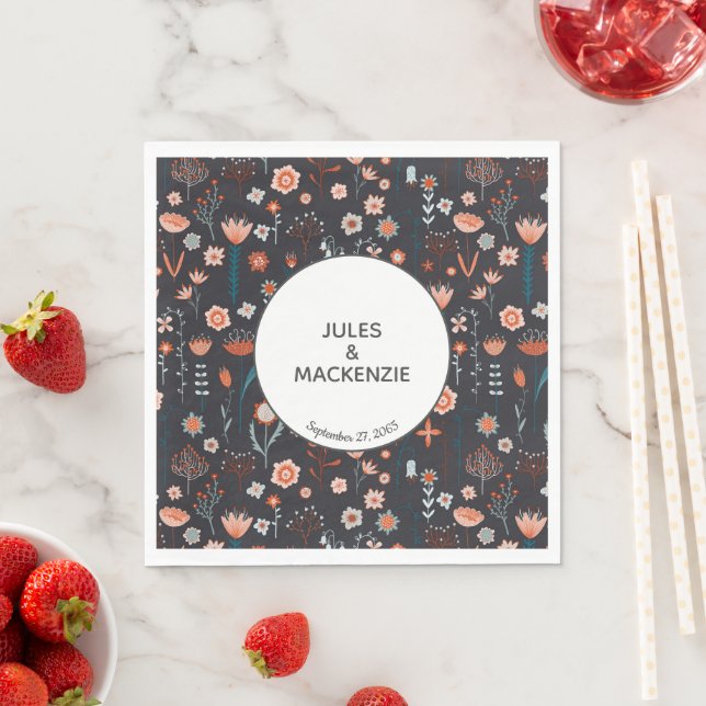 Scandinavian Summer Flowers Dark Boho Modern Napkins (Insitu)