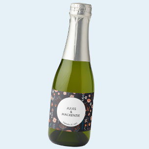 Scandinavian Summer Flowers Dark Boho Wedding Sparkling Wine Label