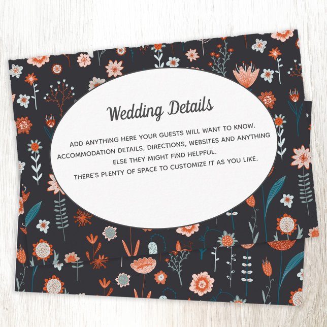 Scandinavian Summer Flowers Dark Wedding Details Enclosure Card (Wedding enclosure card with scandinavian dark floral pattern)