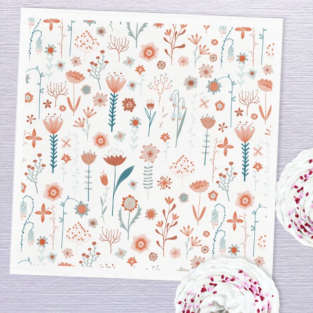 Scandinavian Summer Flowers Napkins (Scandinavian summer flowers peach teal and white paper party napkins)