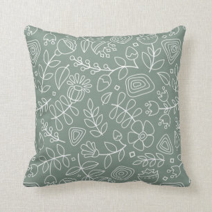 Scandinavian summer flowers on sage green throw pillow