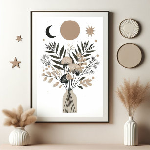 Scandinavian Sun Moon Stars Bouquet Art Pattern Poster