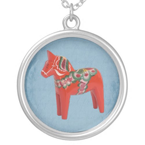 Scandinavian Swedish Dala Horse on Blue Silver Plated Necklace