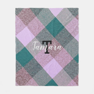 Scandinavian Teal Pink Plaid Monogram Name Fleece Blanket
