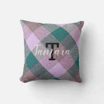 Scandinavian Teal Pink Plaid Monogram