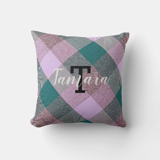 Scandinavian Teal Pink Plaid Monogram Throw Pillow (Front)