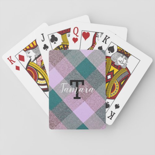 Scandinavian Teal Pink Plaid Monogrammed Name Poker Cards