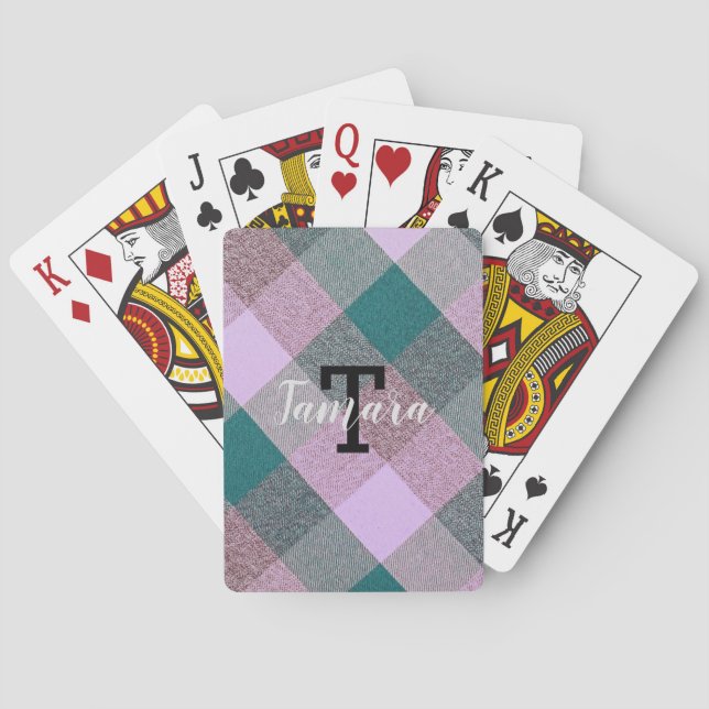 Scandinavian Teal Pink Plaid Monogrammed Name Poker Cards (Back)