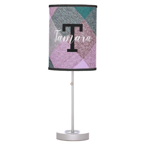 Scandinavian Teal Pink Plaid Monogrammed Name Table Lamp