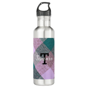 Scandinavian Teal Pink Plaid Monogrammed  Stainless Steel Water Bottle