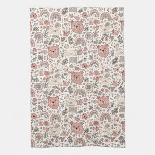 Scandinavian Teddy Bear Boho Pattern Kitchen Towel