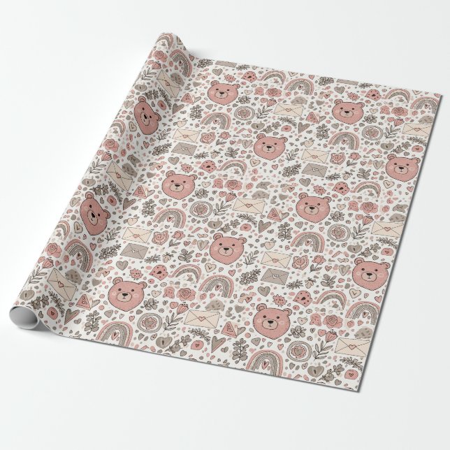 Scandinavian Teddy Bear Boho Pattern Wrapping Paper (Unrolled)