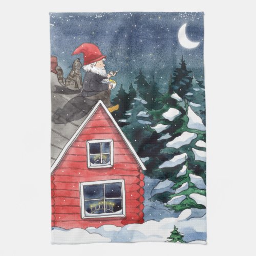 Scandinavian Tomten Christmas Gnome Watercolor Kitchen Towel