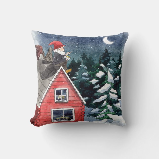 Scandinavian Tomten Christmas Gnome Watercolor Throw Pillow (Front)
