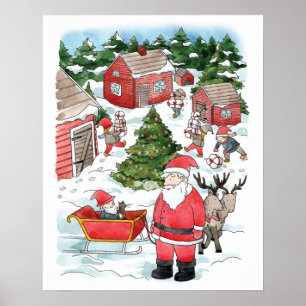 Scandinavian Tomten Christmas Village Watercolor Poster