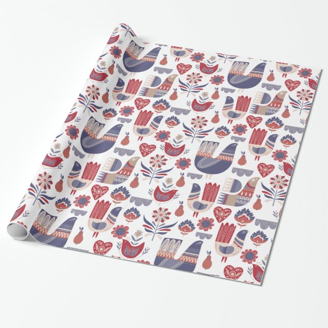 Scandinavian Traditional Folk Art Christmas Wrapping Paper (Unrolled)