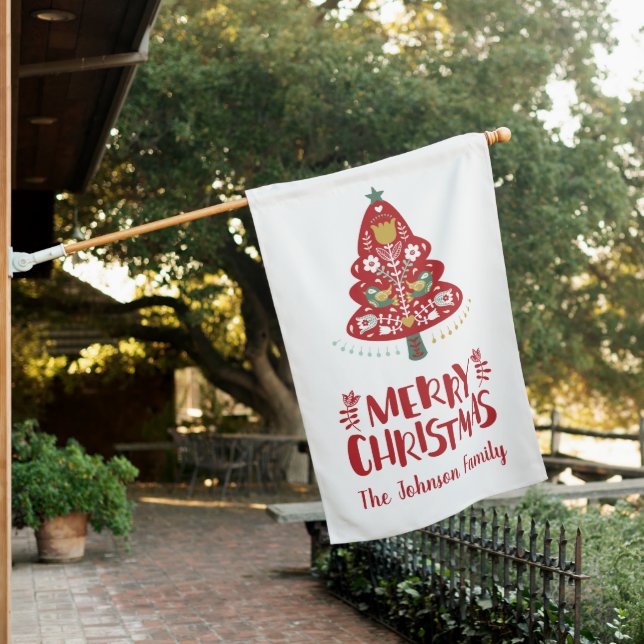Scandinavian Tree Merry Christmas House Flag (In SItu)