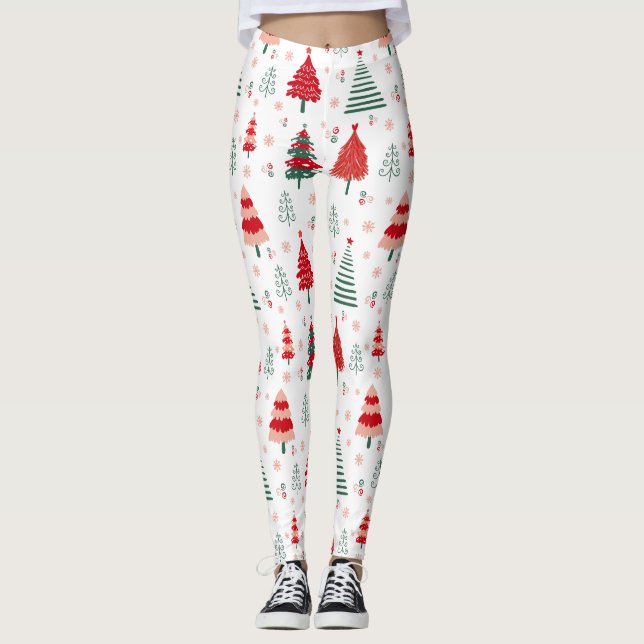 Scandinavian Tree Pattern Festive Christmas Leggings (Front)