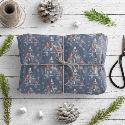 Scandinavian Tree Reindeer Animal Snowflake Blue  Wrapping Paper