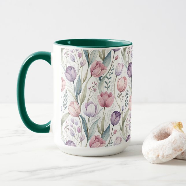 Scandinavian Tulip Floral Pattern Mug (With Donut)