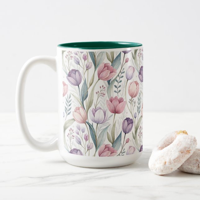 Scandinavian Tulip Floral Pattern Two-Tone Coffee Mug (With Donut)