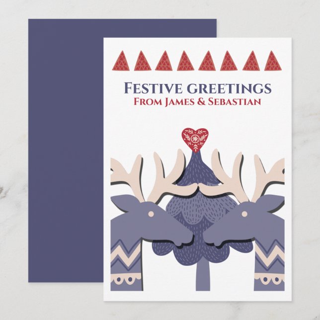Scandinavian Two Male Reindeer Gay Personalized Holiday Card (Front/Back)