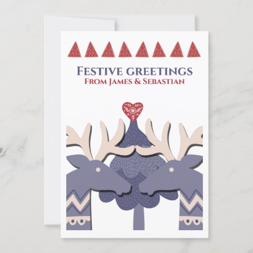 Scandinavian Two Male Reindeer Gay Personalized Holiday Card