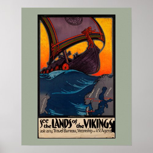 Scandinavian Vintage Travel Ad with Viking Ship Poster