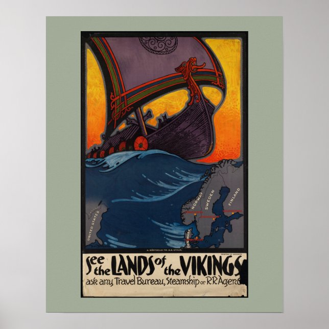 Scandinavian Vintage Travel Ad with Viking Ship Poster (Front)
