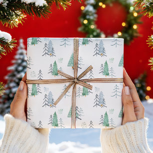 Scandinavian Watercolor Christmas Trees Pattern Wrapping Paper