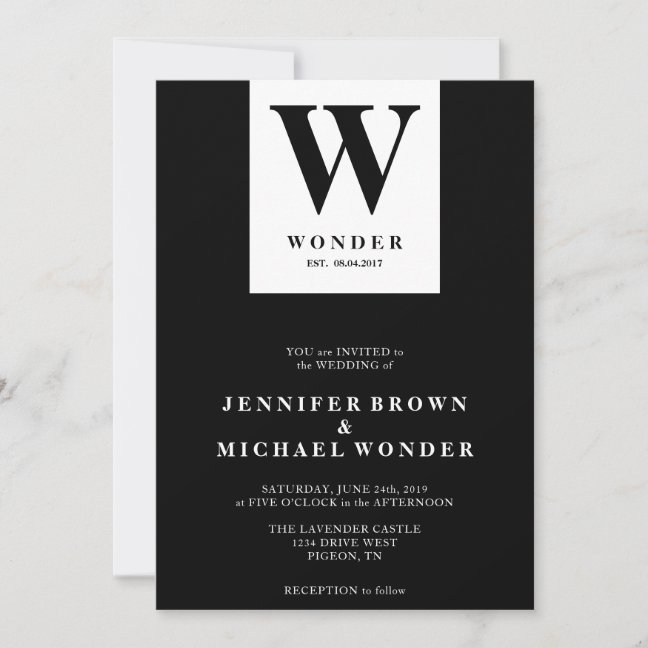 Scandinavian Wedding Monogram Black Invitation