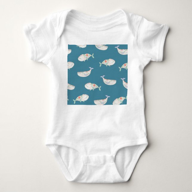 Scandinavian whale, sea animals pattern baby bodysuit (Front)