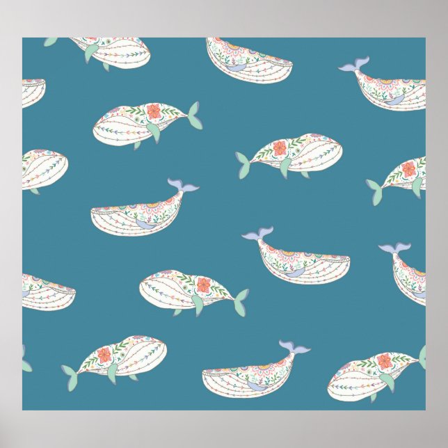 Scandinavian whale, sea animals pattern poster (Front)