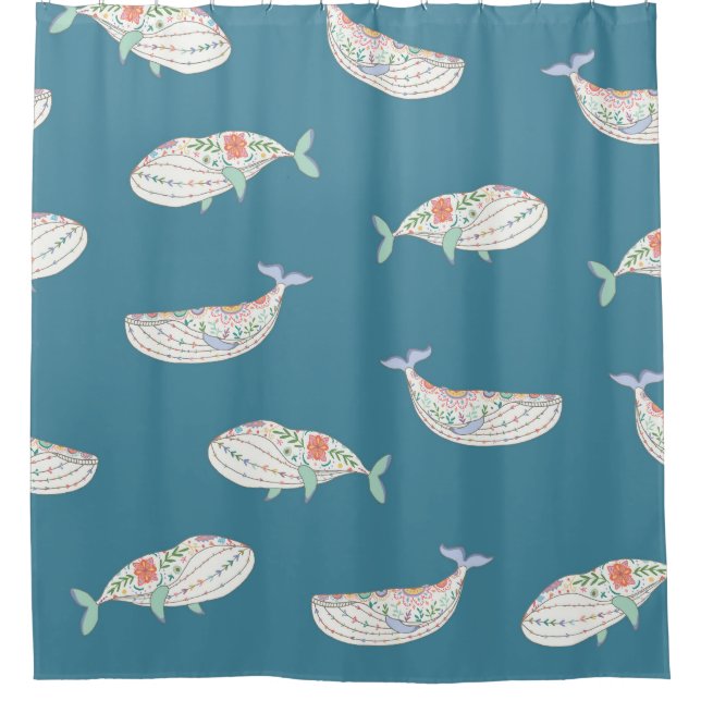 Scandinavian whale, sea animals pattern shower curtain (Front)