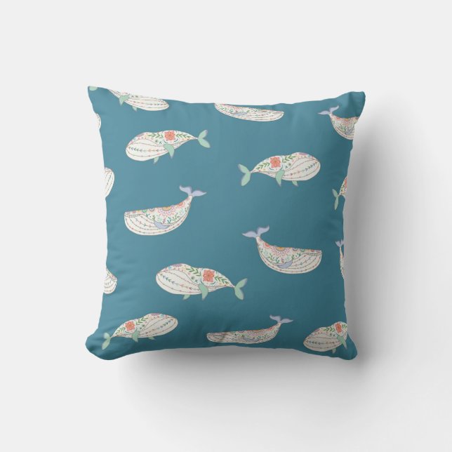 Scandinavian whale, sea animals pattern throw pillow (Front)
