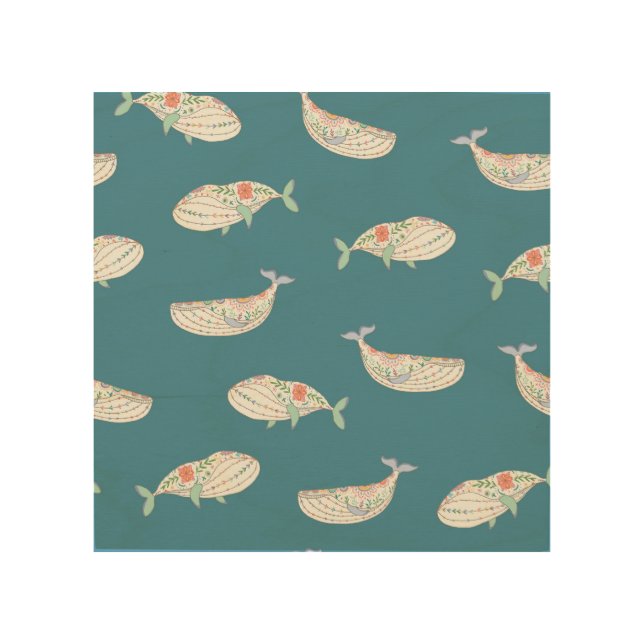 Scandinavian whale, sea animals pattern wood wall art (Front)