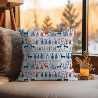 Scandinavian White Christmas Deer Folk Nordic Art Throw Pillow