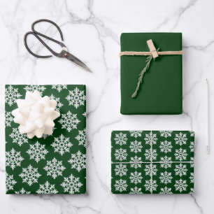 Scandinavian White Snowflake Pattern on Evergreen Wrapping Paper Sheets