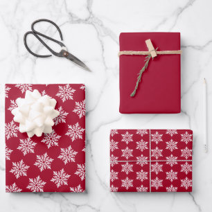 Scandinavian White Snowflake Pattern on Firebrick Wrapping Paper Sheets