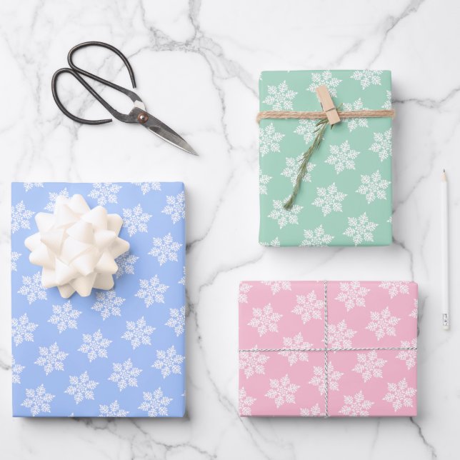 Scandinavian White Snowflake Pattern on Pastels Wrapping Paper Sheets (Front)