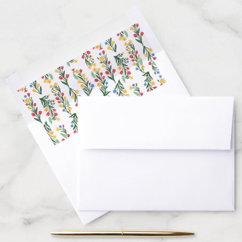 Scandinavian Wildflower Colorful Folk Art Wedding Envelope Liner