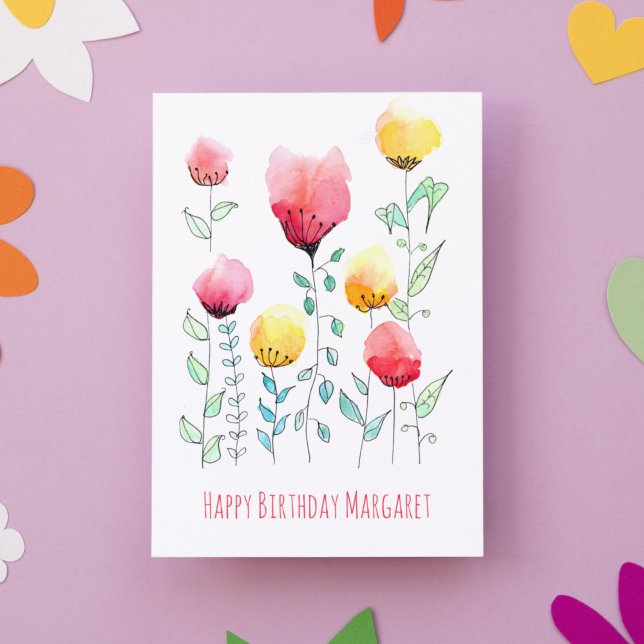 Scandinavian Wildlowers Cute Personalized Birthday Card (This whimsical birthday card pairs folk flowers with modern typography for a cute Happy Birthday!)