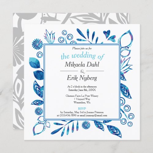 Scandinavian Winter Blue Floral Pattern Wedding Invitation